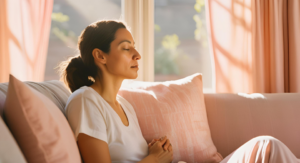 kobieta siedzi na kanapie, ma zamkniete oczy wykonuje trening relaksacyjny