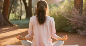 uważność kobieta siedzi w pozycji kwiatu lotosu w środku lasu