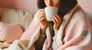 Kobieta z kubkiem herbaty siedzi pod kocem 